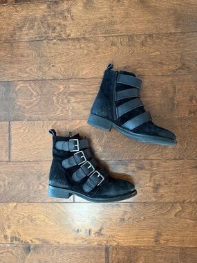 Black Suede Buckle Ankle Boots - Women's Booties